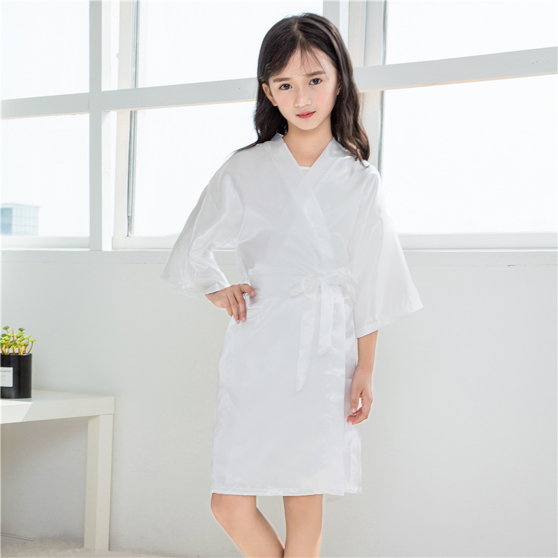 Cross-border Foreign Trade Summer Plain Children's Nightgown Thin Imitation Silk Lade Thin Cardigan Nightgown Baby Catwalk Cardigan