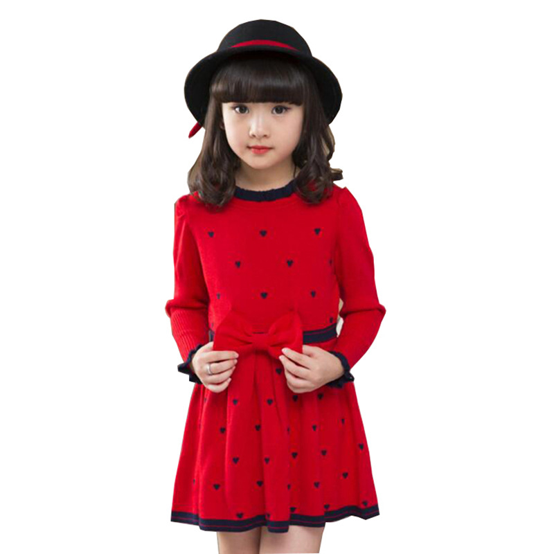Girls' sweater fleece-lined dress color selection dress long sleeve round neck bow stitching Korean princess dress