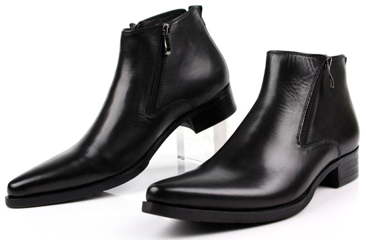 New High Top Shoes Pointed Toe Style Pure Leather Made Cowhide Short Boots Double Zipper Leather Boots Work Shoes European Version Large Size 48