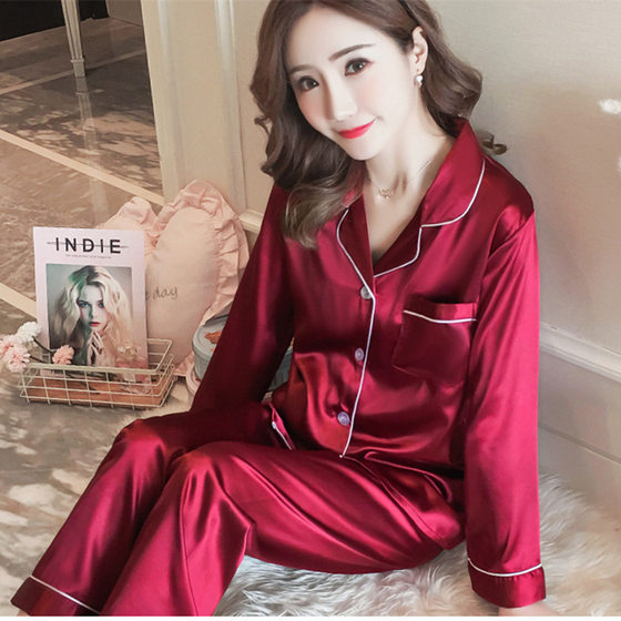 Imitation Silk Pajamas Women's Autumn Long-sleeved Ice Silk Two-piece Set Korean Casual Cardigan Silk Pajamas Outwear Home Clothes