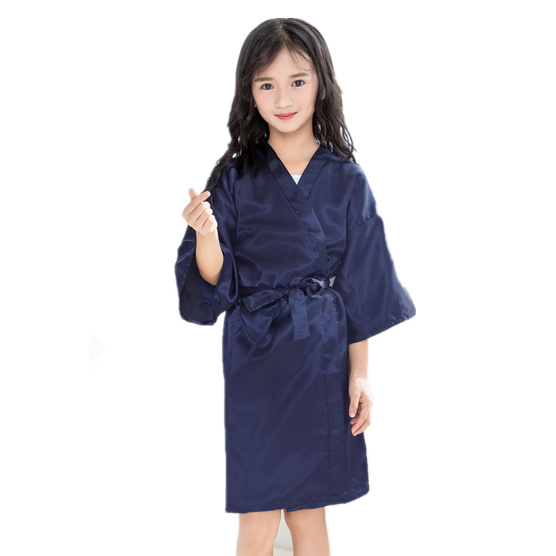 Cross-border Foreign Trade Summer Plain Children's Nightgown Thin Imitation Silk Lade Thin Cardigan Nightgown Baby Catwalk Cardigan