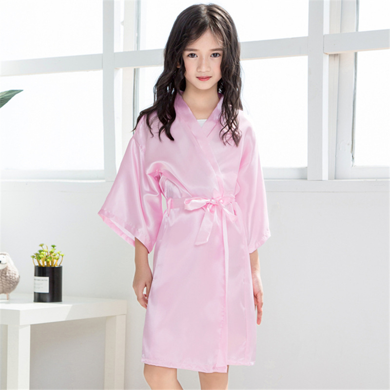 Cross-border Foreign Trade Summer Plain Children's Nightgown Thin Imitation Silk Lade Thin Cardigan Nightgown Baby Catwalk Cardigan - ShopShipShake