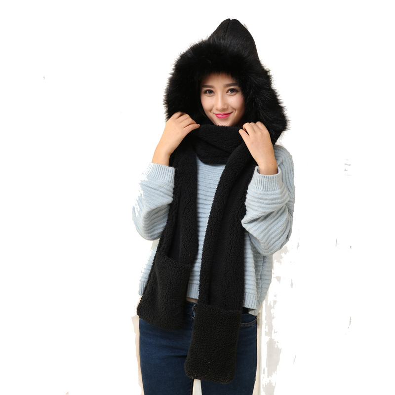 Korean style scarf hat gloves one-piece padded plush one-piece imitation fox fur hooded winter warm three-piece set