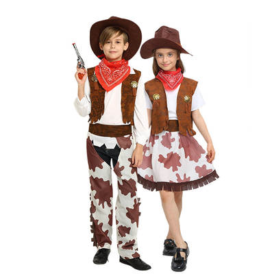 Halloween COS Fancy Dress Costume Kids Cowboy Theme Dress Up Western Jeans Cowboy Vest Set