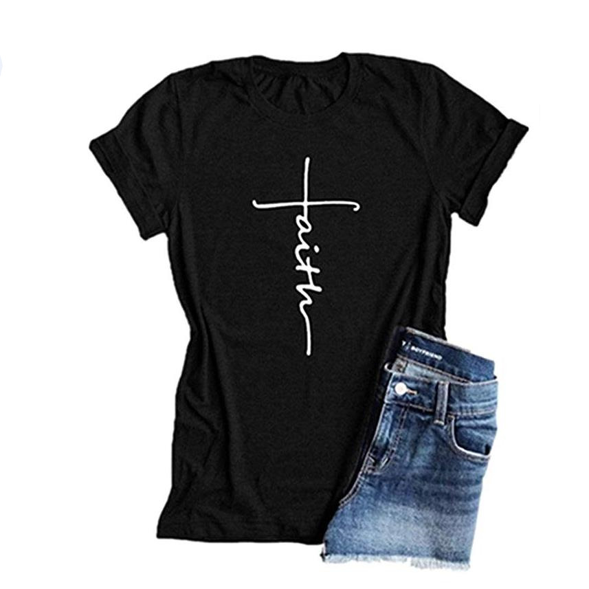 T-Shirt Women's Short-sleeved 2022 New Amazon Explosions Faith Printed Top Cross-border E-Commerce Supply Factory Price Direct Selling