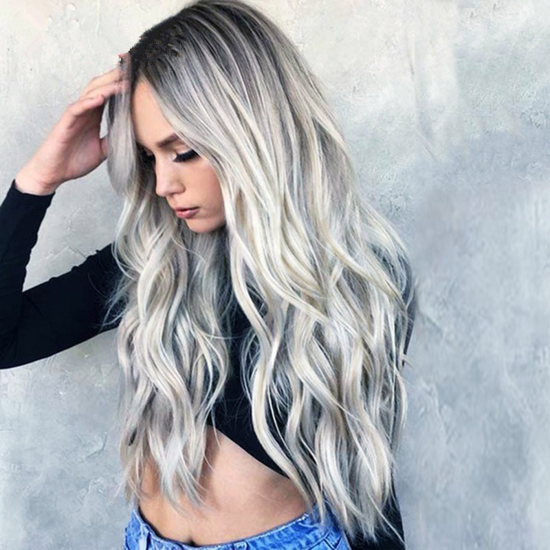 Europe and the United States cross-border highlights long curly hair COS gray gradient animation wig women's new chemical fiber full head cover