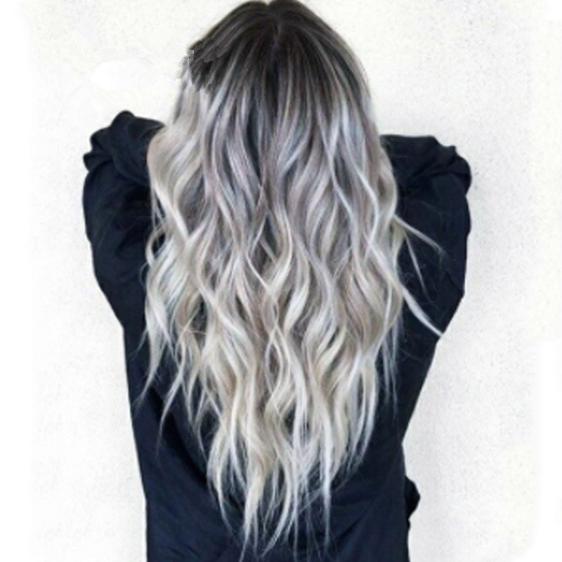Europe and the United States cross-border highlights long curly hair COS gray gradient animation wig women's new chemical fiber full head cover