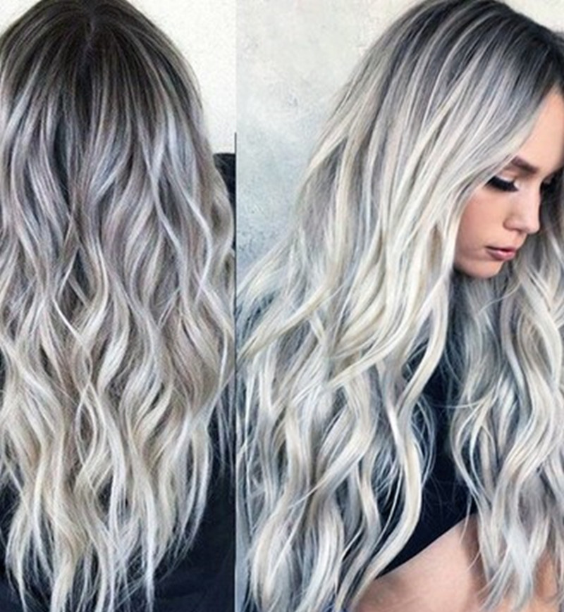 Europe and the United States cross-border highlights long curly hair COS gray gradient animation wig women's new chemical fiber full head cover