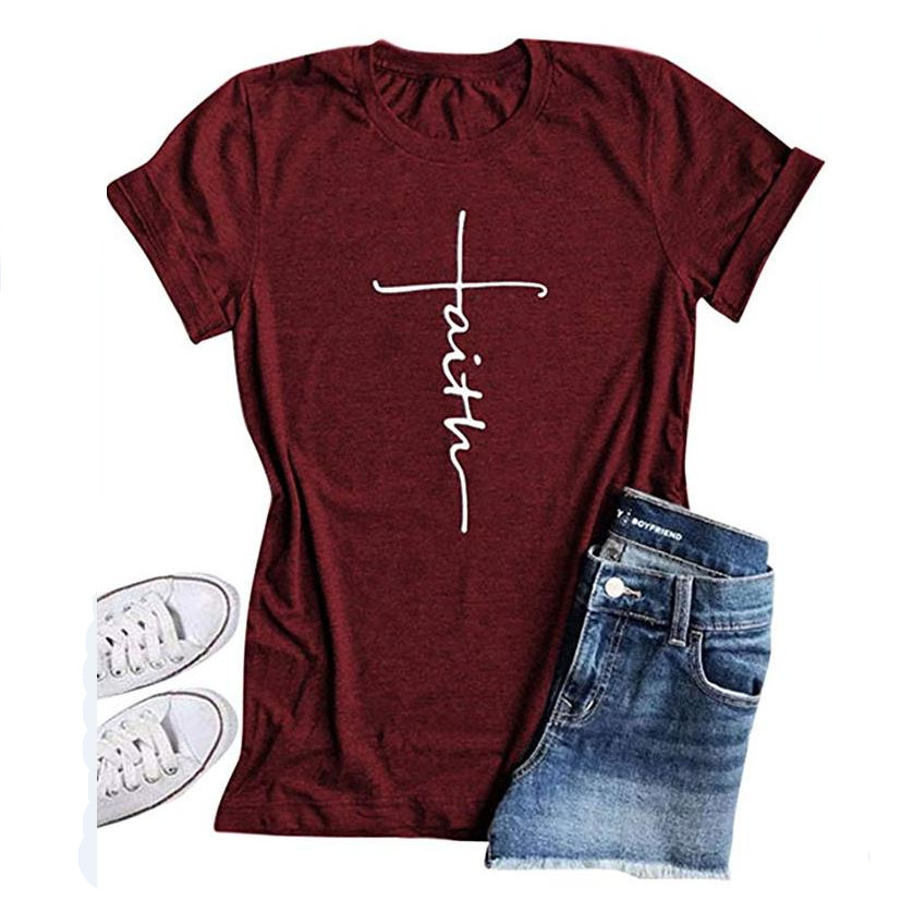 T-Shirt Women's Short-sleeved 2022 New Amazon Explosions Faith Printed Top Cross-border E-Commerce Supply Factory Price Direct Selling