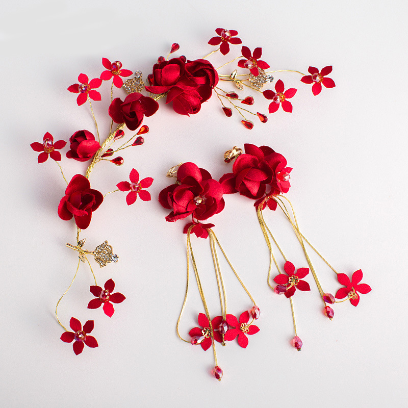 New Red Rose Dress Tiara Hair Band Chinese Bridal Tiara Tassel Earrings Toast Dress Wedding Dress