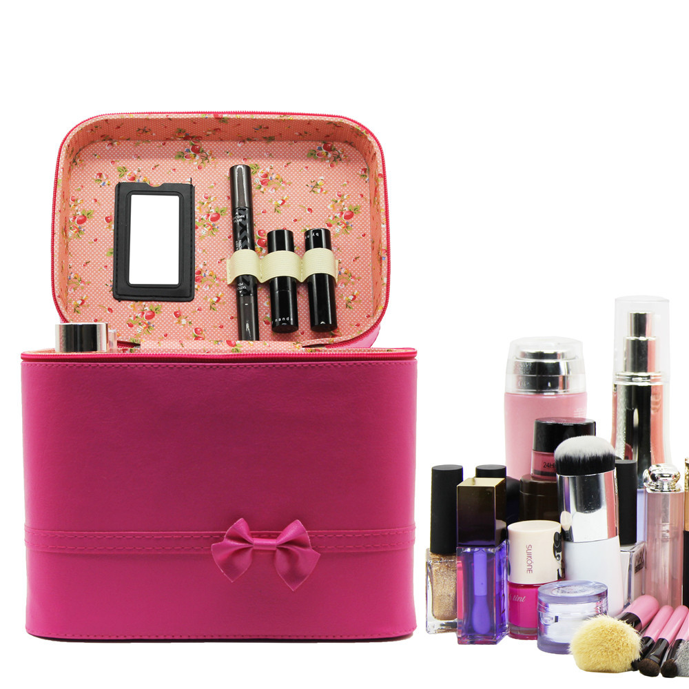 Bow solid color PU leather hard cosmetic bag large capacity portable cosmetic case wholesale portable cosmetic storage box