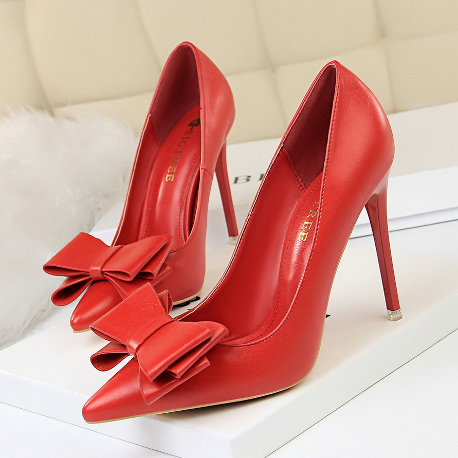9511-18 Korean Fashion Sweet High Heels Stiletto Heel High Heel Slim Shallow Mouth Pointed Bow Shoes