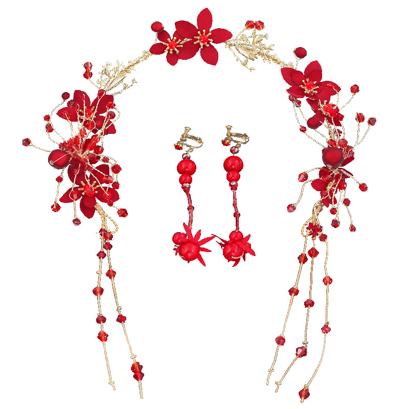 New Red Rose Dress Tiara Hair Band Chinese Bridal Tiara Tassel Earrings Toast Dress Wedding Dress