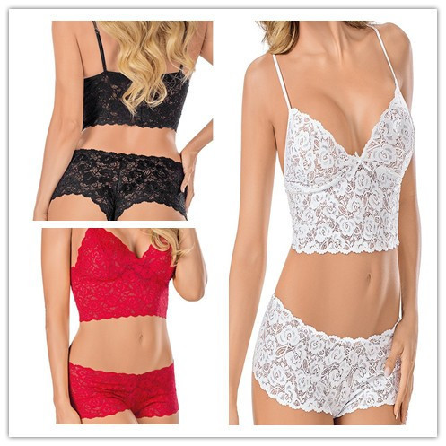 European and American Explosions Sexy Lace Sexy Underwear Transparent Sling Three-point Wrap Chest Lace Underwear Panties Set