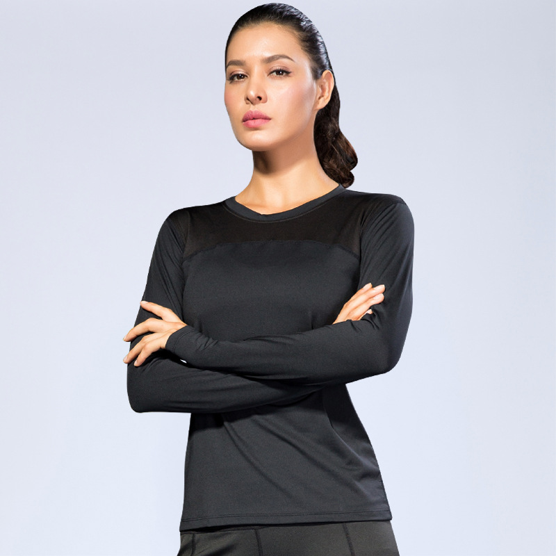 Women's tight PRO Fitness running yoga sports T-shirt sweat-wicking quick-drying mesh stitching stretch long sleeve 2029