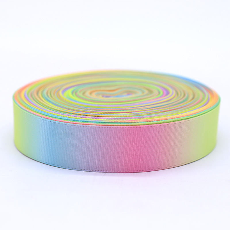 Factory direct rainbow polyester printing tape printing colorful gradient color packaging ribbon thermal transfer threaded snow yarn