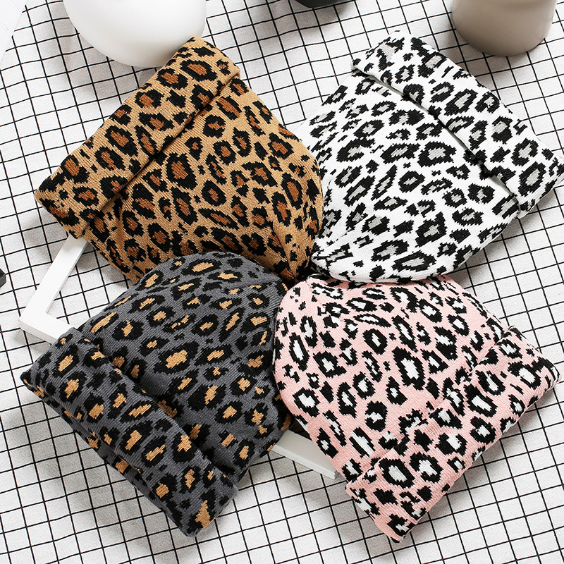 Korean Style Distinctive Leopard Wool Hat Women's Autumn and Winter Fashion All-match Warm Knitted Hat Cold Hat Pullover Hat Moon Hat
