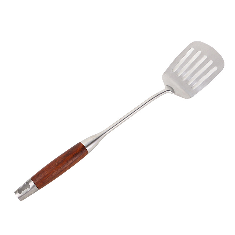 in stock wholesale 304 stainless steel spatula kitchenware suit pear wooden handle thickened colander insulated stir-fry fish spatula