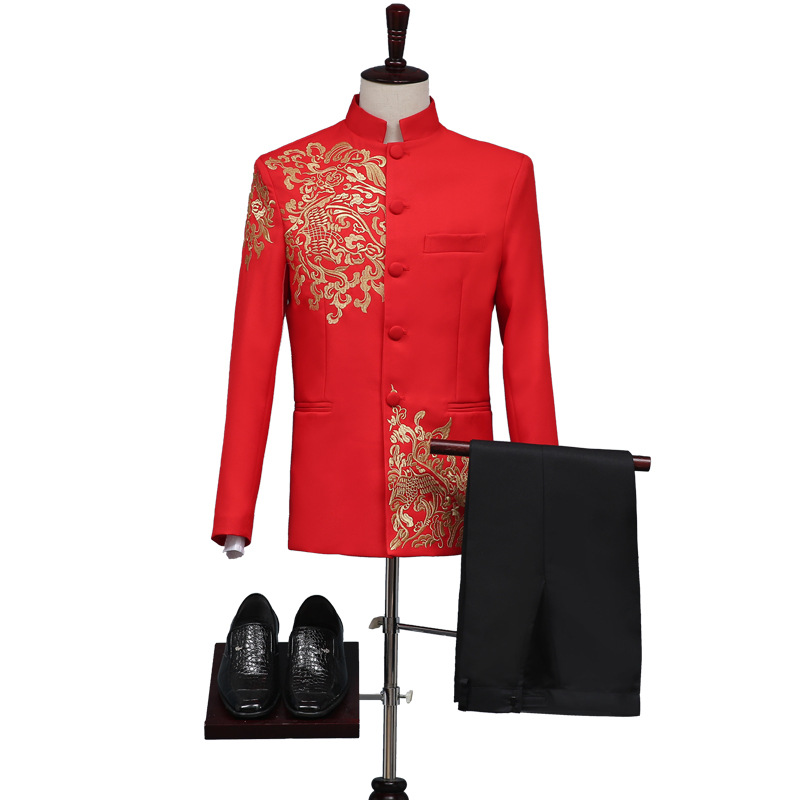 2022 New Men's Embroidered Chinese Tunic Suit Tang Suit Xiuhe Suit Stage Host MC Chorus Performance Suit