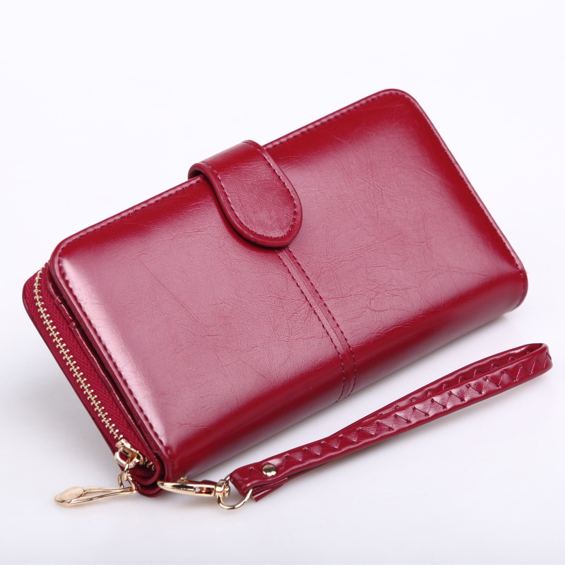 New oil leather coin purse, long zipper mobile phone bag, women's multi-card slot hand bag, card bag, 30% off coin bag Y006