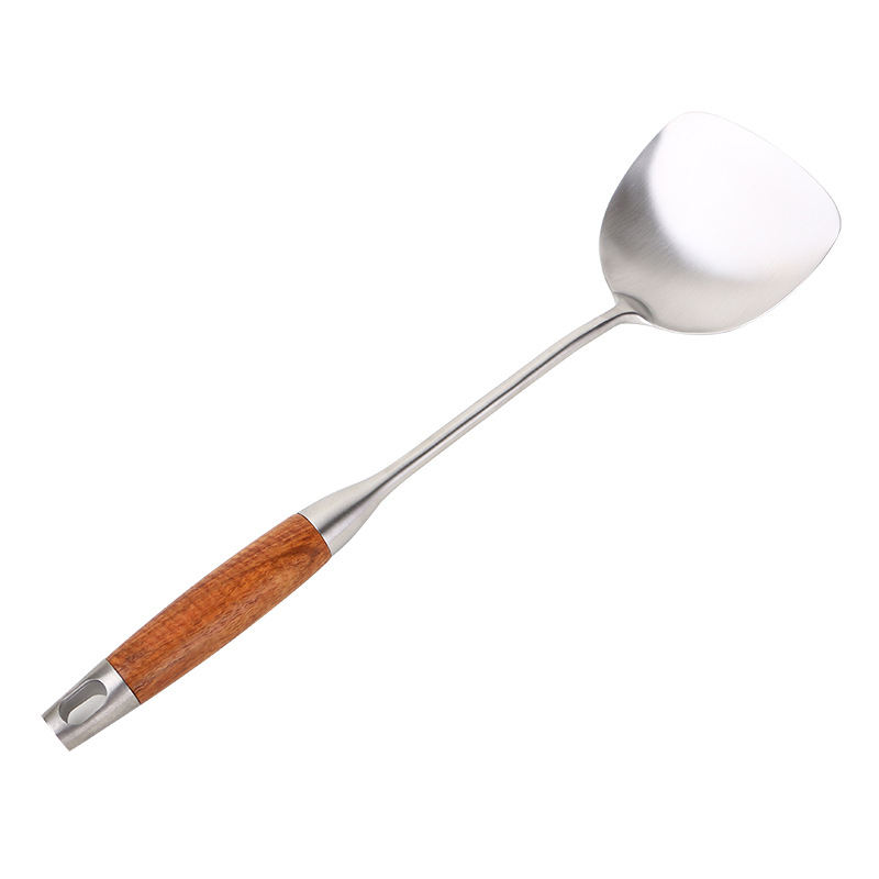in stock wholesale 304 stainless steel spatula kitchenware suit pear wooden handle thickened colander insulated stir-fry fish spatula