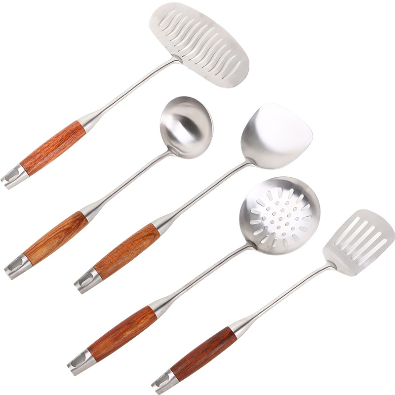 in stock wholesale 304 stainless steel spatula kitchenware suit pear wooden handle thickened colander insulated stir-fry fish spatula