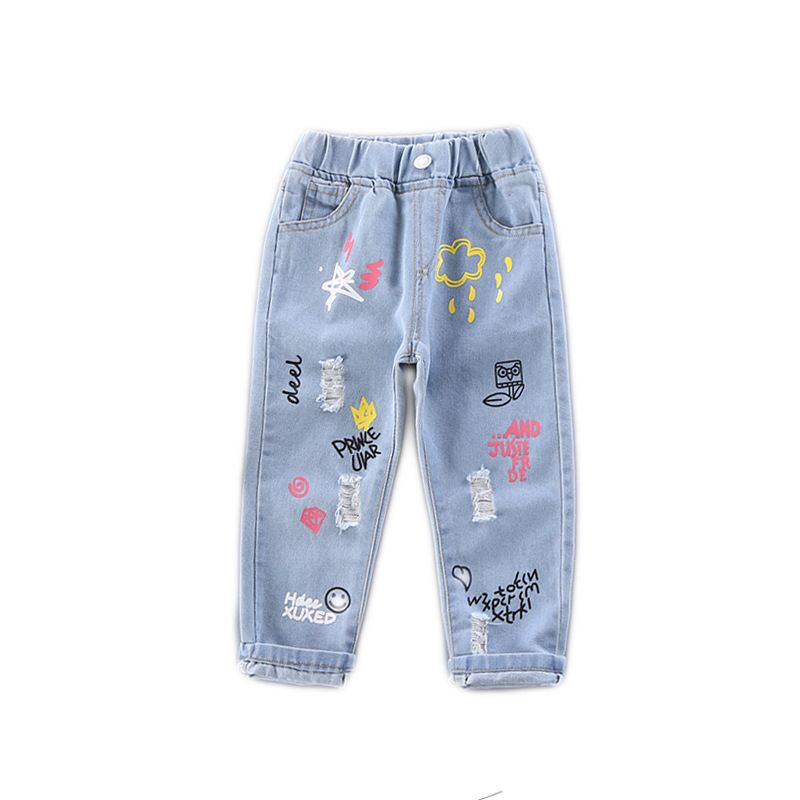 Girls jeans spring and autumn new playful cute cartoon printed denim pants spot direct supply a generation of hair