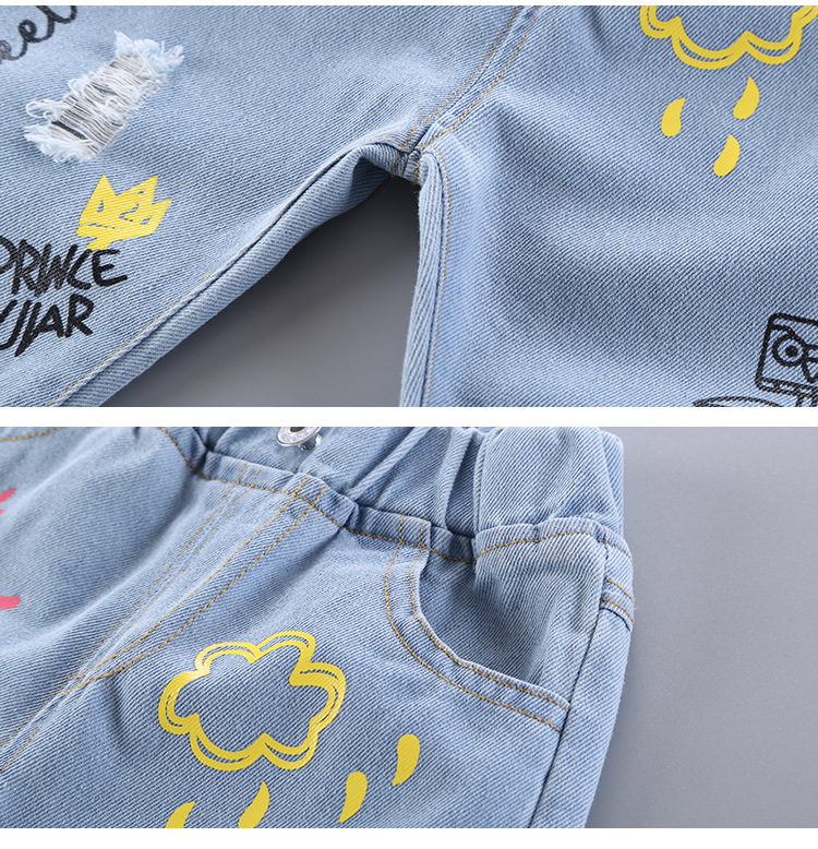 Girls jeans spring and autumn new playful cute cartoon printed denim pants spot direct supply a generation of hair