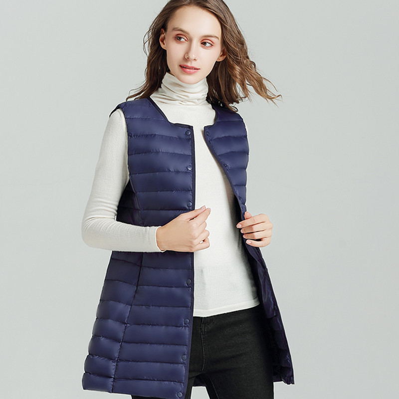 2022 Winter New Korean Commuter Lightweight Mid-length Down Jacket Women's Light Round Neck Vest Jacket Large Size