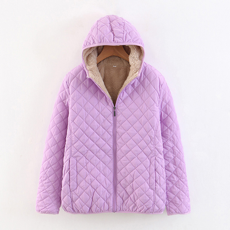 Manteau d'hiver 2023 de style coréen à carreaux amincissants et ajustés en velours d'agneau à capuche épais et chaud en coton rembourré avec pincement pour femmes, grande taille_voghion.com