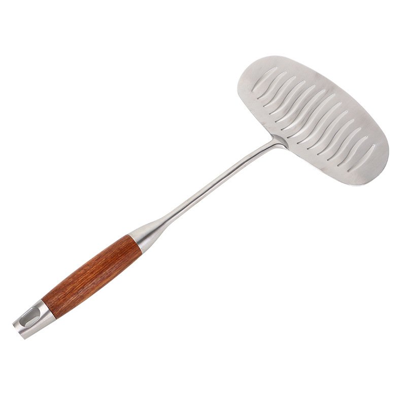 in stock wholesale 304 stainless steel spatula kitchenware suit pear wooden handle thickened colander insulated stir-fry fish spatula