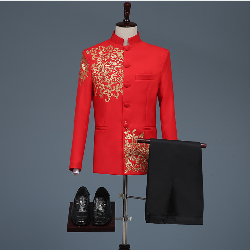 2022 New Men's Embroidered Chinese Tunic Suit Tang Suit Xiuhe Suit Stage Host MC Chorus Performance Suit