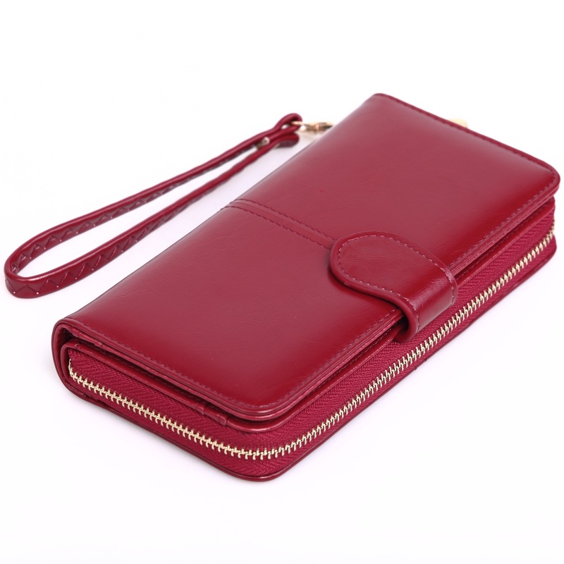 New oil leather coin purse, long zipper mobile phone bag, women's multi-card slot hand bag, card bag, 30% off coin bag Y006