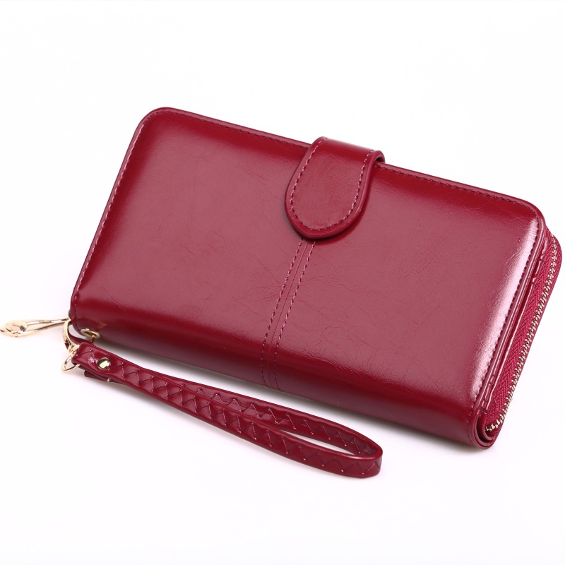 New oil leather coin purse, long zipper mobile phone bag, women's multi-card slot hand bag, card bag, 30% off coin bag Y006