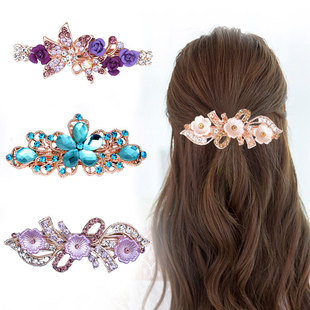 Korean style rhinestone bow hairpin headdress female pearl flower crystal hairpin spring clip small hair accessories wholesale
