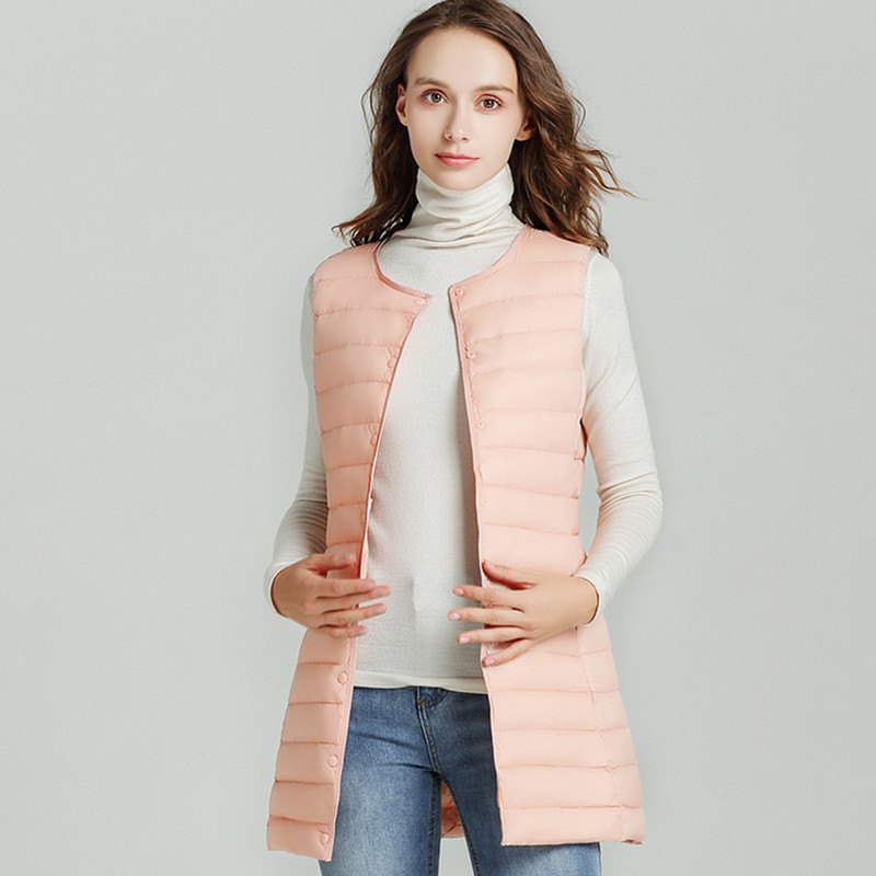2022 Winter New Korean Commuter Lightweight Mid-length Down Jacket Women's Light Round Neck Vest Jacket Large Size