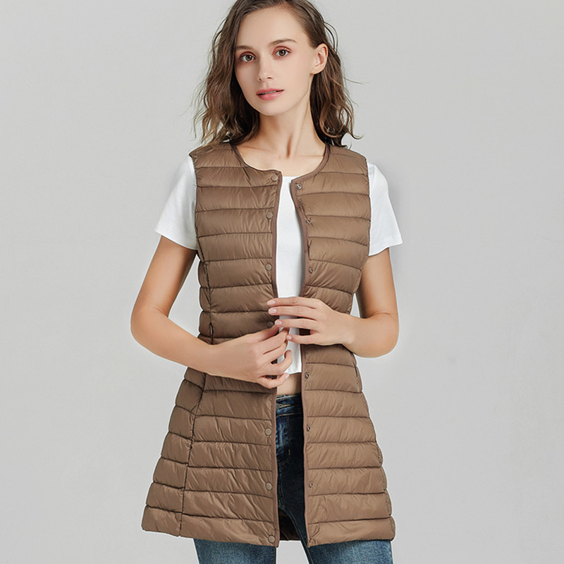 2022 Winter New Korean Commuter Lightweight Mid-length Down Jacket Women's Light Round Neck Vest Jacket Large Size