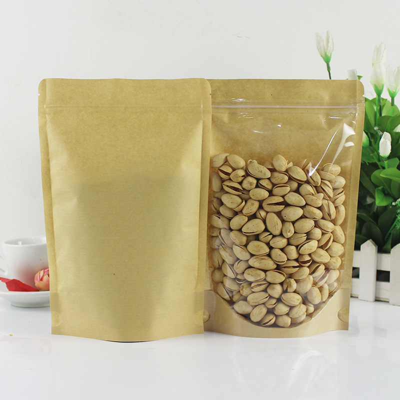 Thick Kraft paper bag transparent self-sealing bag Yin and Yang self-standing bag in stock printing fried nuts food packaging bag