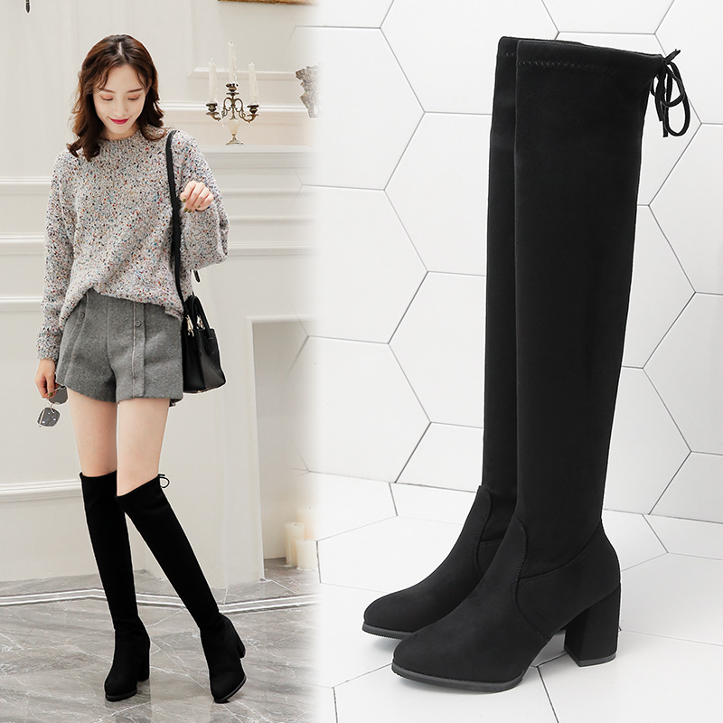 Over-the-Knee Boots Elastic Boots 2022 Winter New European and American Pointed Martin Boots Fleece-Lined Thickened High Heel Women's Boots for Hair
