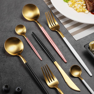 304 Stainless Steel Portuguese Tableware Knife, Fork and Spoon Four-piece Set Gold-plated Spoon Nordic Western-style Black and Gold Steak Set