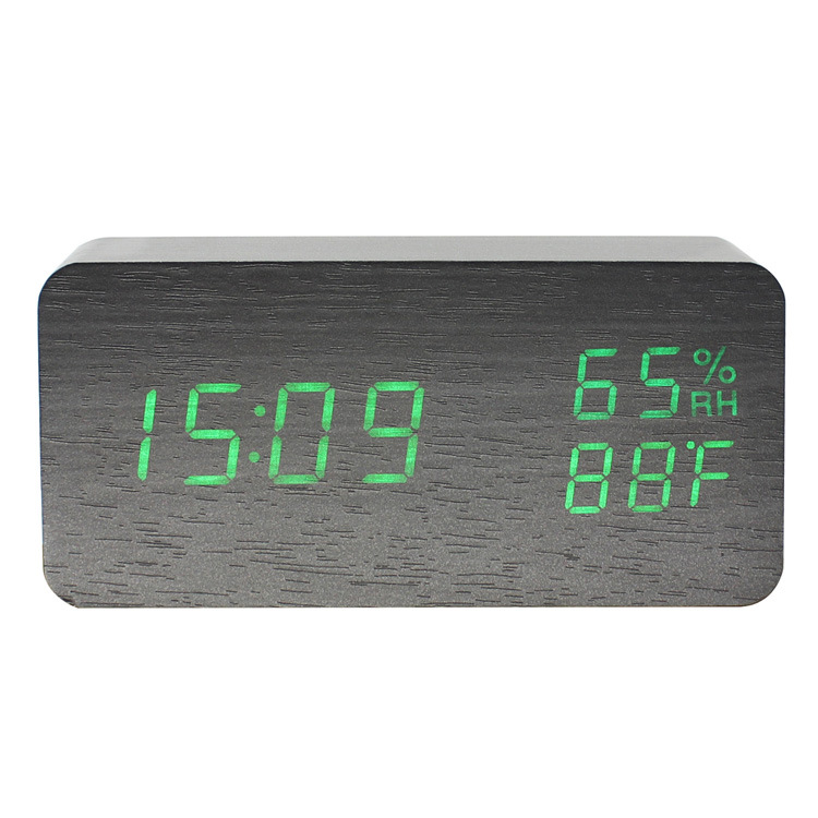 Home wooden decoration electronic temperature and humidity alarm clock mute LED double screen rectangular wooden clock cross-border wholesale
