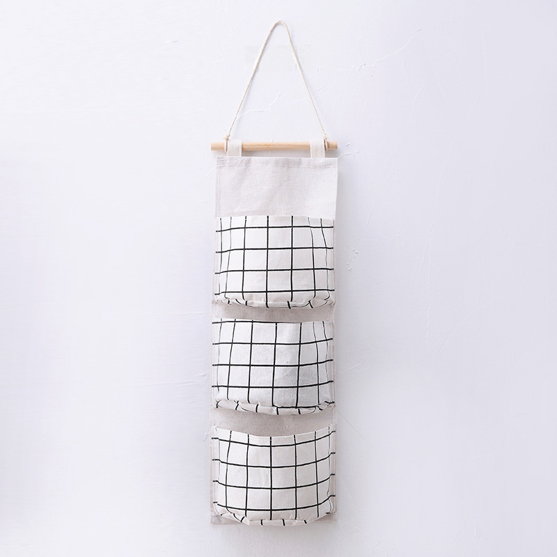 Plaid cotton and linen storage three-pocket hanging bag behind the door storage bag simple fashion hanging pocket storage bag