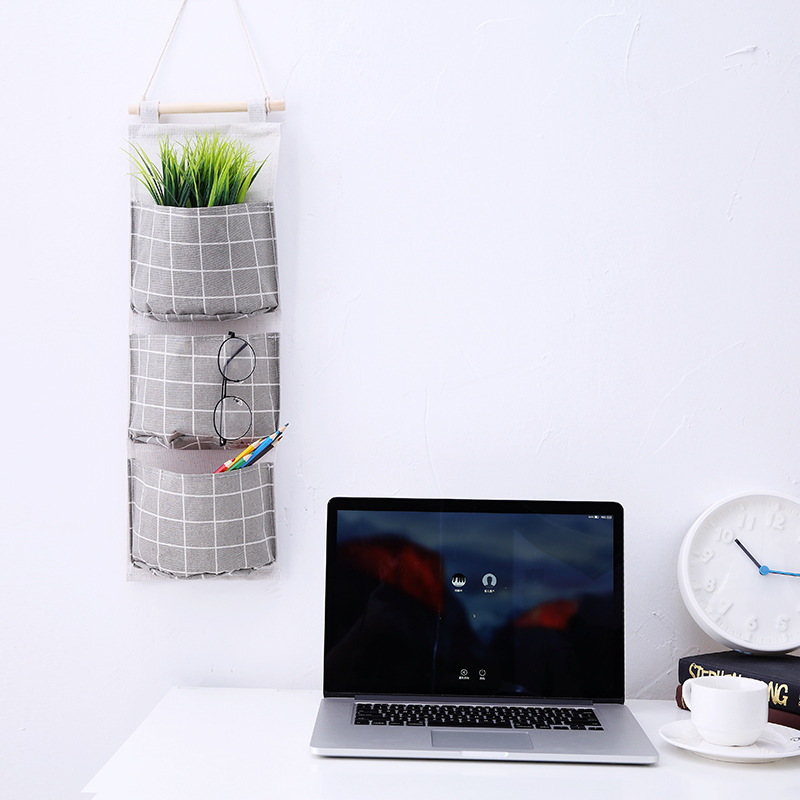 Plaid cotton and linen storage three-pocket hanging bag behind the door storage bag simple fashion hanging pocket storage bag