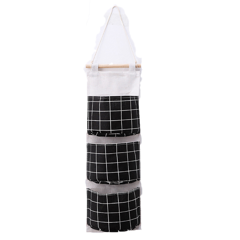 Plaid cotton and linen storage three-pocket hanging bag behind the door storage bag simple fashion hanging pocket storage bag