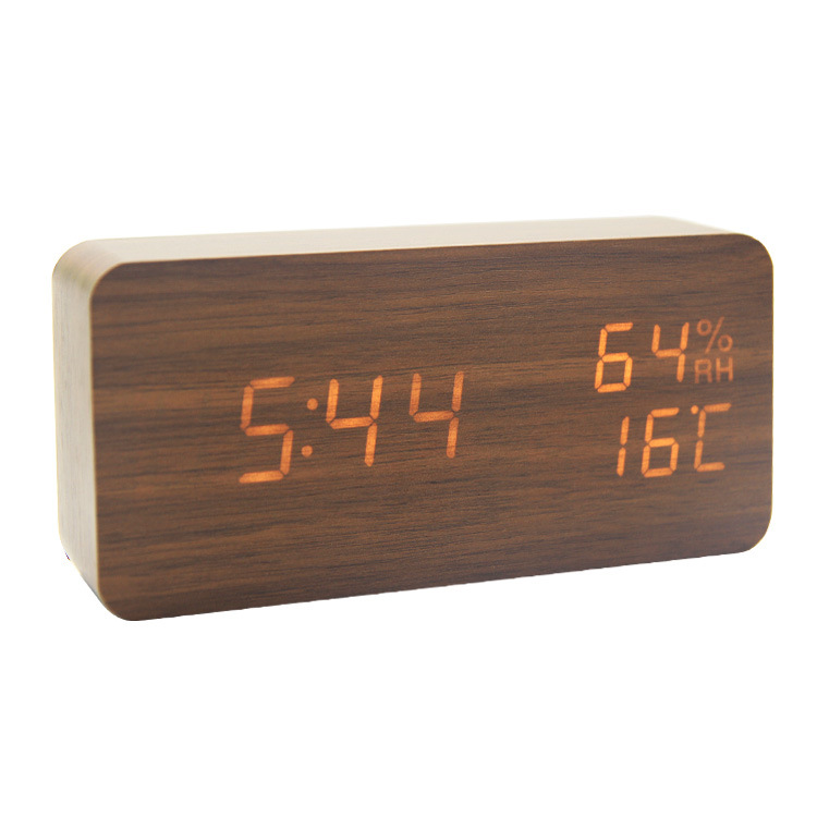 Home wooden decoration electronic temperature and humidity alarm clock mute LED double screen rectangular wooden clock cross-border wholesale