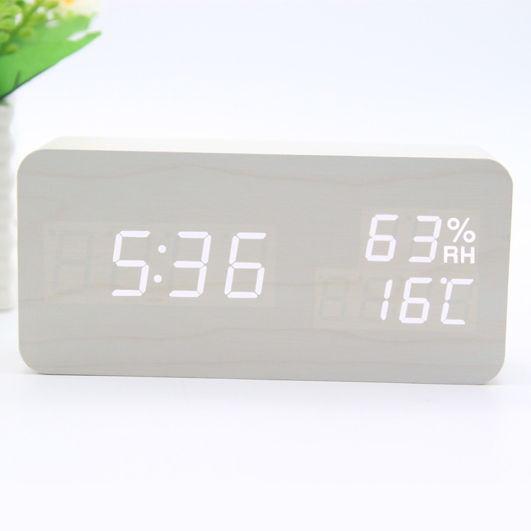 Home wooden decoration electronic temperature and humidity alarm clock mute LED double screen rectangular wooden clock cross-border wholesale