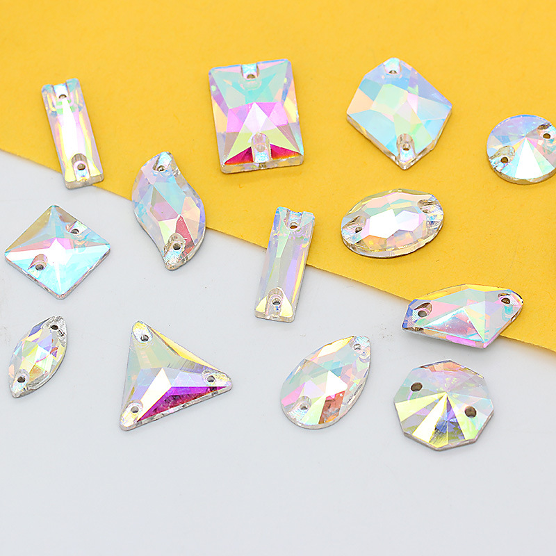 Super cool AB magic color glass hand sewing drill flat bottom double hole hand sewing drill flat buckle clothing wedding shoes accessories stick drill