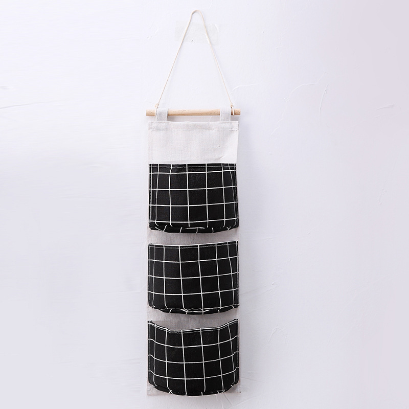 Plaid cotton and linen storage three-pocket hanging bag behind the door storage bag simple fashion hanging pocket storage bag