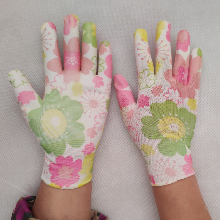 Flower nylon Pu gloves Palm coated work thin women's non-slip wear-resistant breathable workshop work Electronic factory labor protection gloves