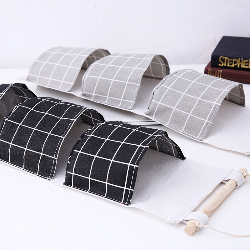 Plaid cotton and linen storage three-pocket hanging bag behind the door storage bag simple fashion hanging pocket storage bag